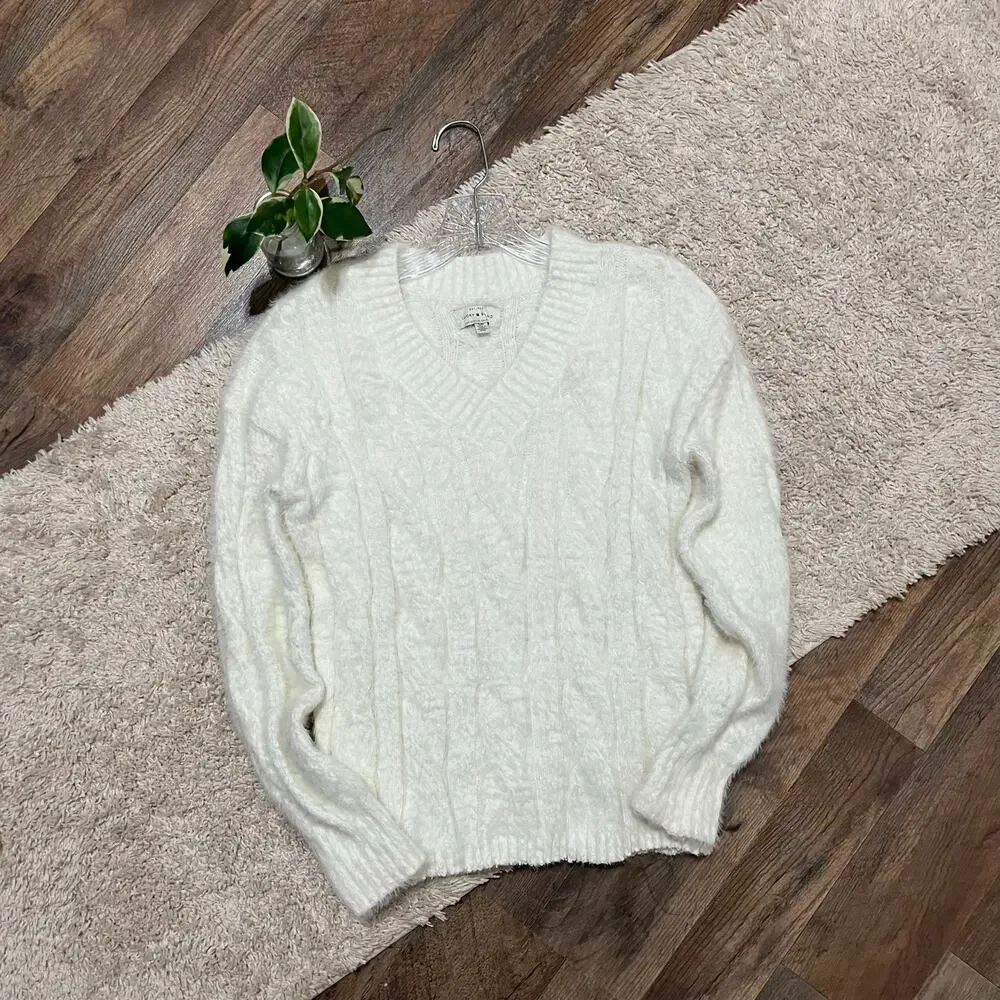 Lucky Brand Size Small White V-Neck Cable Knit Faux Fur Pullover Sweater
